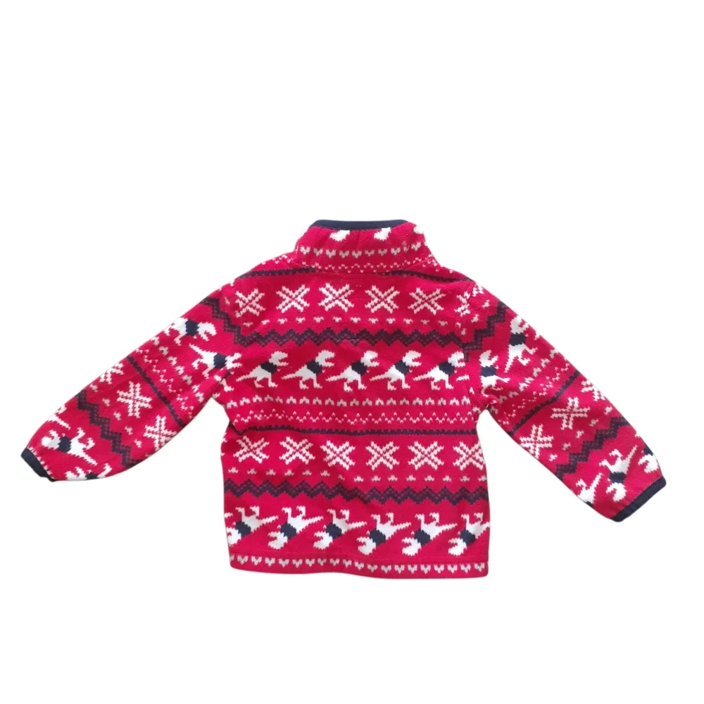 OshKosh B'gosh Red White Dinosaur Christmas Zip Up Pullover Fleece Sweatshirt
